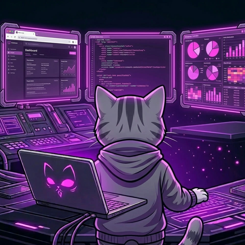 Ilustración: el gato de Codcol programa frente a pantallas con paneles de datos y código