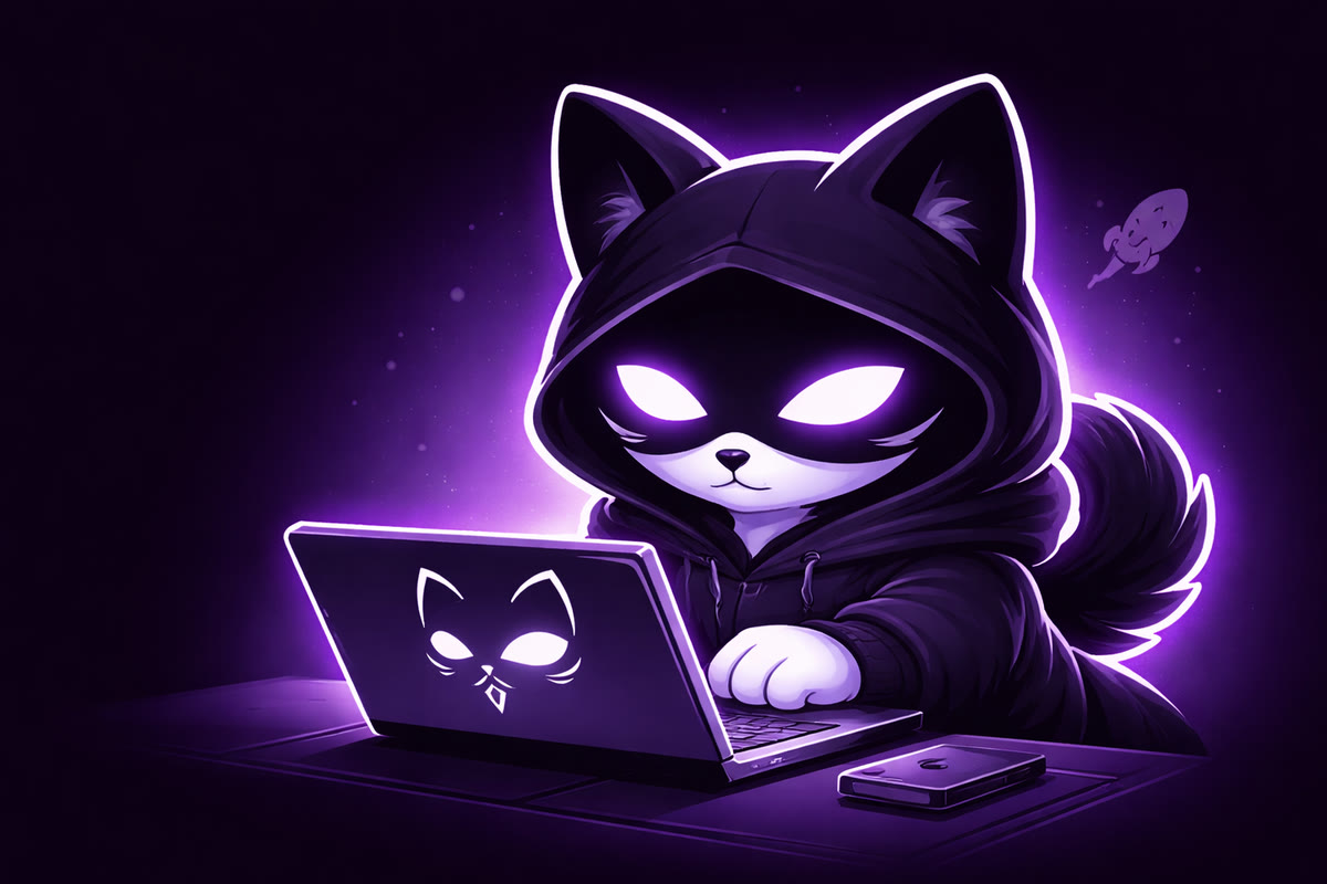 Ilustración: el gato de Codcol con capucha trabaja en su portátil