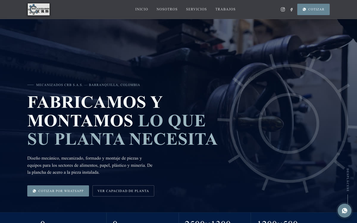 Página de inicio de Mecanizados CRB, desarrollada por Codcol